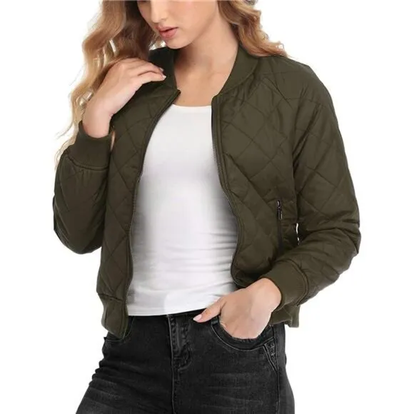 Women's Quilted Jacket Long Sleeve Zip up Raglan Bomber Jacket with Pockets