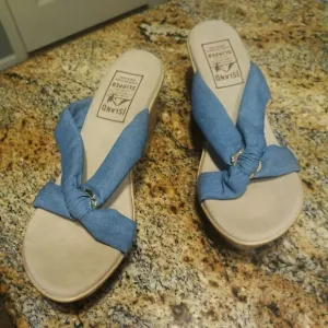 Women's Shoes US 11 Island Slipper Suade Thong Wedge Sandals Blue Fabric Slide