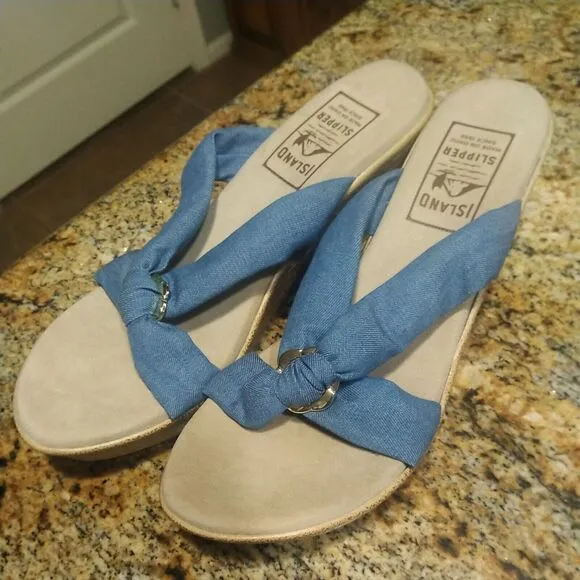 Women's Shoes US 11 Island Slipper Suade Thong Wedge Sandals Blue Fabric Slide