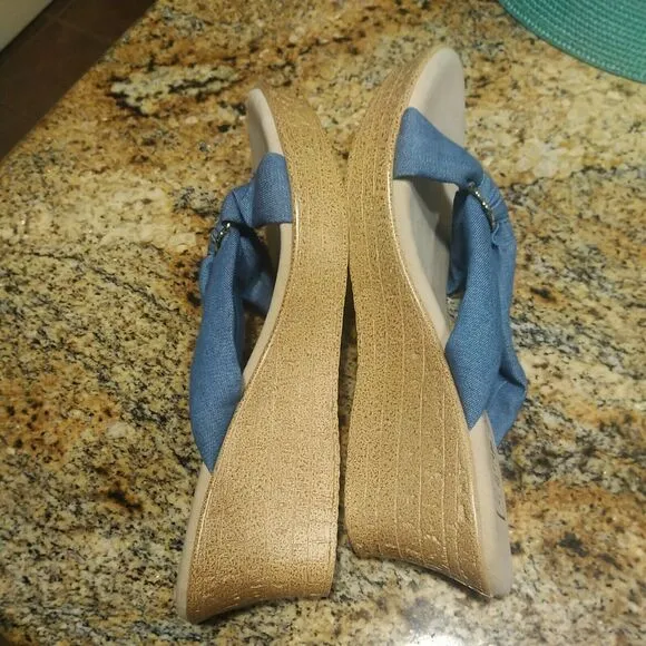 Women's Shoes US 11 Island Slipper Suade Thong Wedge Sandals Blue Fabric Slide