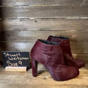 Womens Stuart Weitzman Burgundy Calf Hair Heeled Ankle Boots Booties Size‎ 9 M