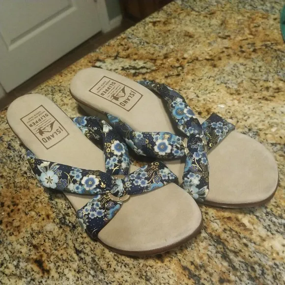 Women's US 11 Shoes Island Slipper Suade Thong Wedge Sandals Floral Fabric Slide