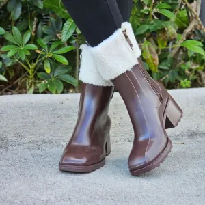 Women's Chunky Block Heel Ankle Boots Brown Color