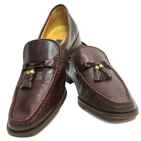 Y2K 90s Bally Burgundy Leather Kiltie Tassel Loafers w Gold | Men 10D