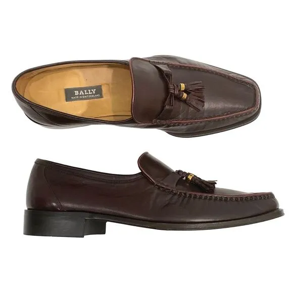 Y2K 90s Bally Burgundy Leather Kiltie Tassel Loafers w Gold | Men 10D