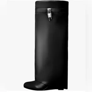 Yishaweiqi Fold Over Boots Wide-calf Wedge Heel Knee High Boot Decorative Lock