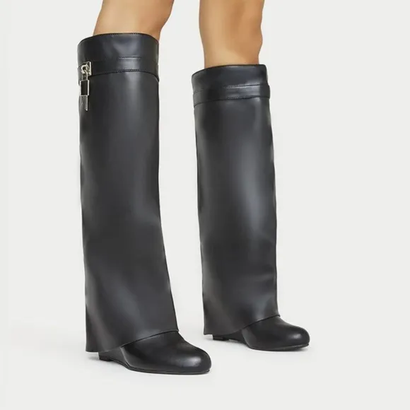 Yishaweiqi Fold Over Boots Wide-calf Wedge Heel Knee High Boot Decorative Lock