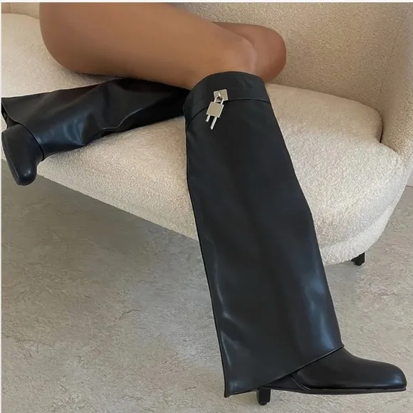 Yishaweiqi Fold Over Boots Wide-calf Wedge Heel Knee High Boot Decorative Lock