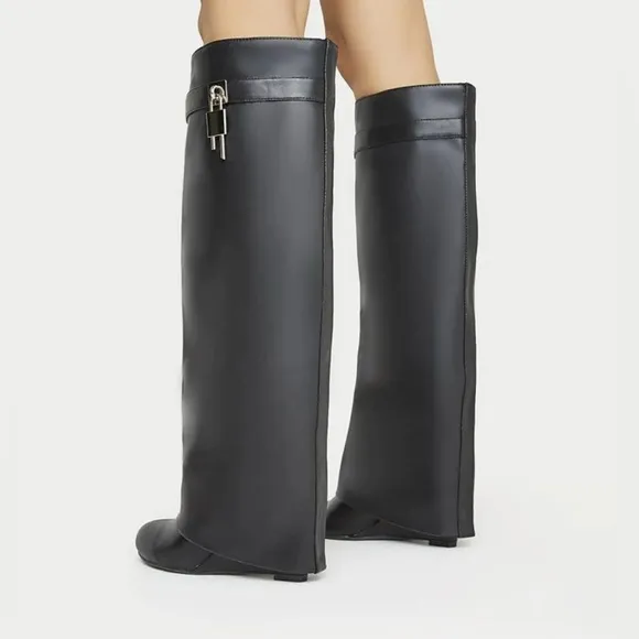 Yishaweiqi Fold Over Boots Wide-calf Wedge Heel Knee High Boot Decorative Lock