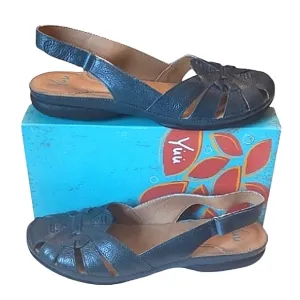 Yuu Leather Slingback Sandal Adjustable Heel Strap Cushion Sole Laser Cutout Toe