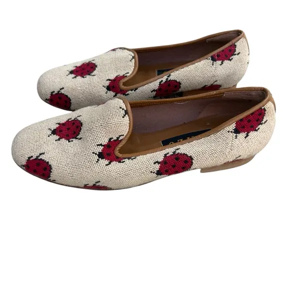 Zalo Cream Canvas/Tapestry Lady Bug Print Round Toe Size 8 Flats Whimsical Print