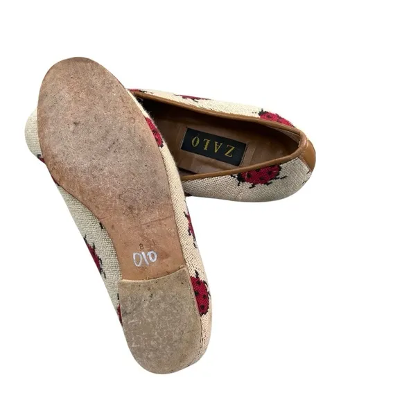 Zalo Cream Canvas/Tapestry Lady Bug Print Round Toe Size 8 Flats Whimsical Print