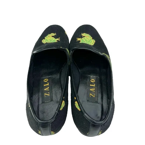 ZALO Vintage Green Frog Black Needlepoint Smoking Loafers Flats Women’s