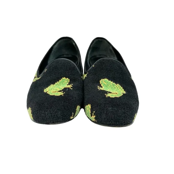 ZALO Vintage Green Frog Black Needlepoint Smoking Loafers Flats Women’s