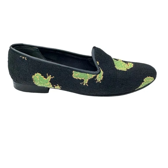 ZALO Vintage Green Frog Black Needlepoint Smoking Loafers Flats Women’s