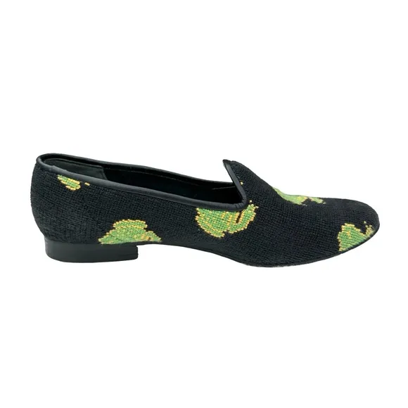 ZALO Vintage Green Frog Black Needlepoint Smoking Loafers Flats Women’s