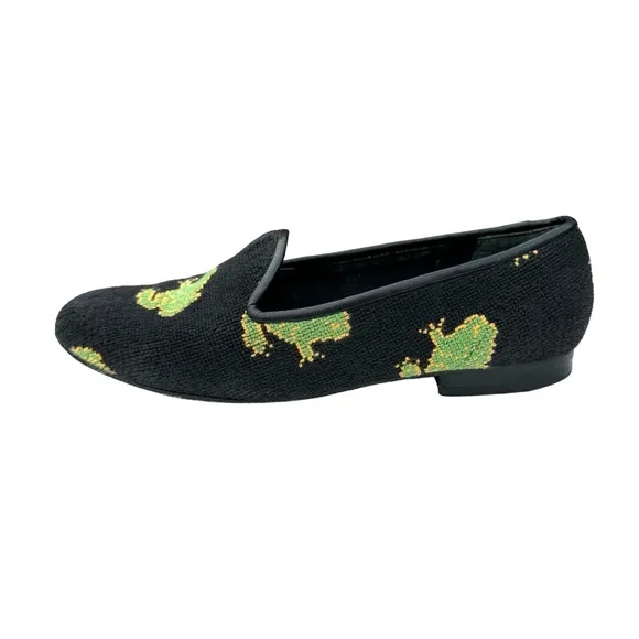 ZALO Vintage Green Frog Black Needlepoint Smoking Loafers Flats Women’s