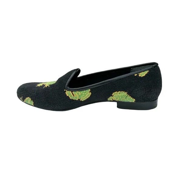 ZALO Vintage Green Frog Black Needlepoint Smoking Loafers Flats Women’s