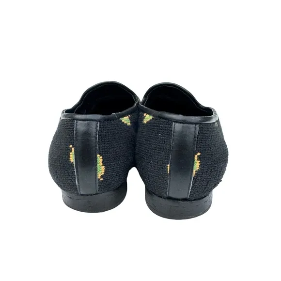 ZALO Vintage Green Frog Black Needlepoint Smoking Loafers Flats Women’s