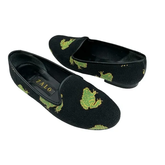 ZALO Vintage Green Frog Black Needlepoint Smoking Loafers Flats Women’s