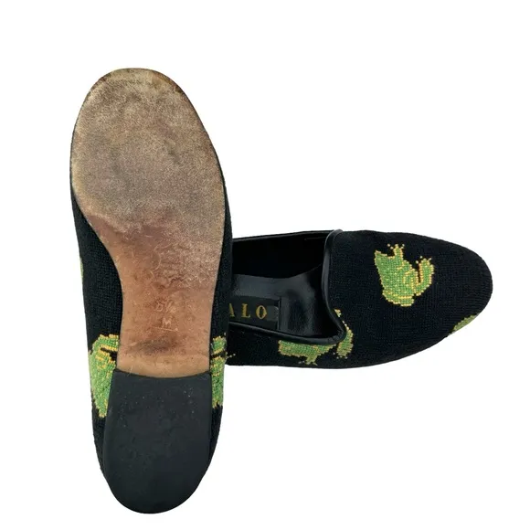 ZALO Vintage Green Frog Black Needlepoint Smoking Loafers Flats Women’s