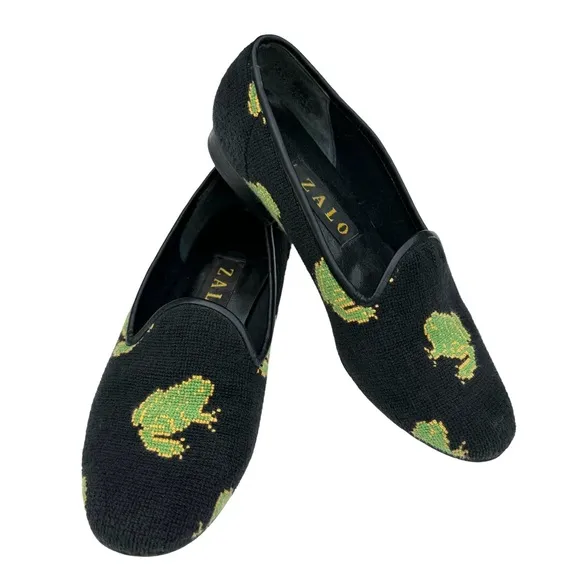 ZALO Vintage Green Frog Black Needlepoint Smoking Loafers Flats Women’s