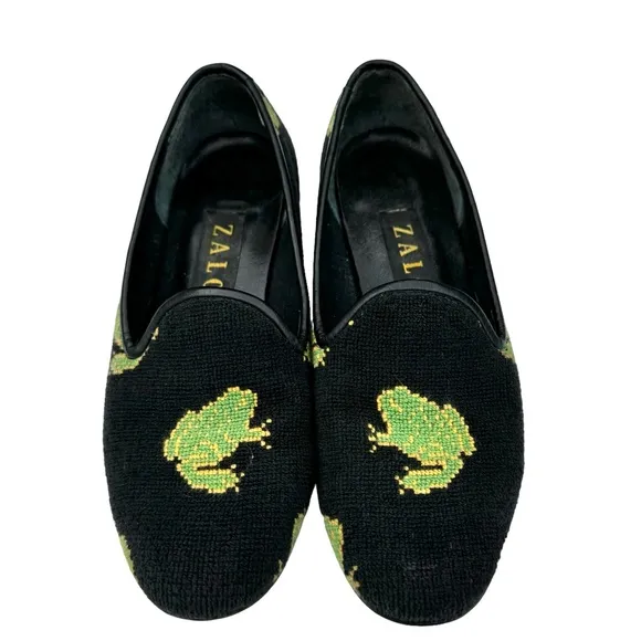 ZALO Vintage Green Frog Black Needlepoint Smoking Loafers Flats Women’s
