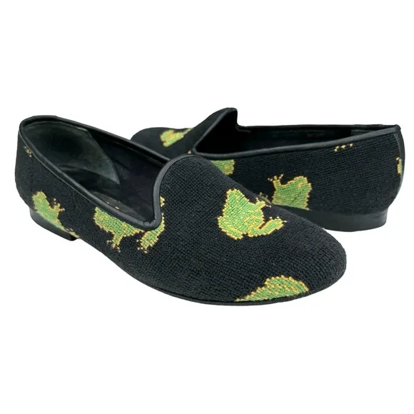 ZALO Vintage Green Frog Black Needlepoint Smoking Loafers Flats Women’s