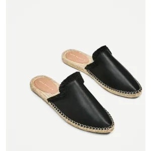 Zara Black Flat Leather Espadrilles Size 6.5