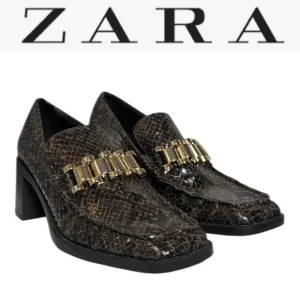 ZARA BROWN LEATHER SNAKESKIN GOLD CHAIN BUCKLE HEELED LOAFERS LTD. EDITION