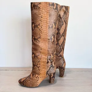 Zara Brown Snakeskin Leather Knee High Heeled Boots Made in Spain Size 38 EU‎