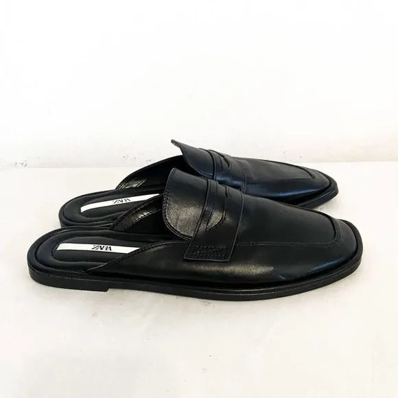 Zara EUC Black Square Toe Slide-on Loafers Mules Flats Slides Size 7,5 US 38 EU