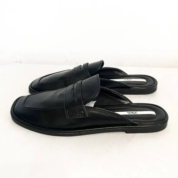 Zara EUC Black Square Toe Slide-on Loafers Mules Flats Slides Size 7,5 US 38 EU