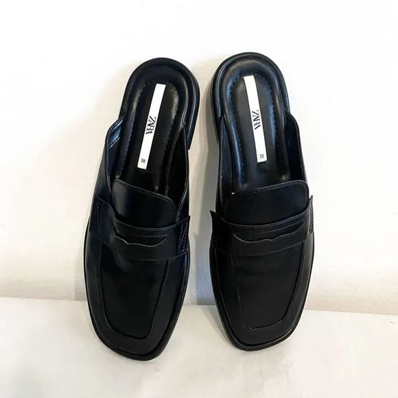 Zara EUC Black Square Toe Slide-on Loafers Mules Flats Slides Size 7,5 US 38 EU