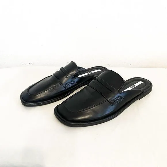 Zara EUC Black Square Toe Slide-on Loafers Mules Flats Slides Size 7,5 US 38 EU