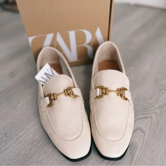 Zara Genuine Leather Loafers With Buckle New