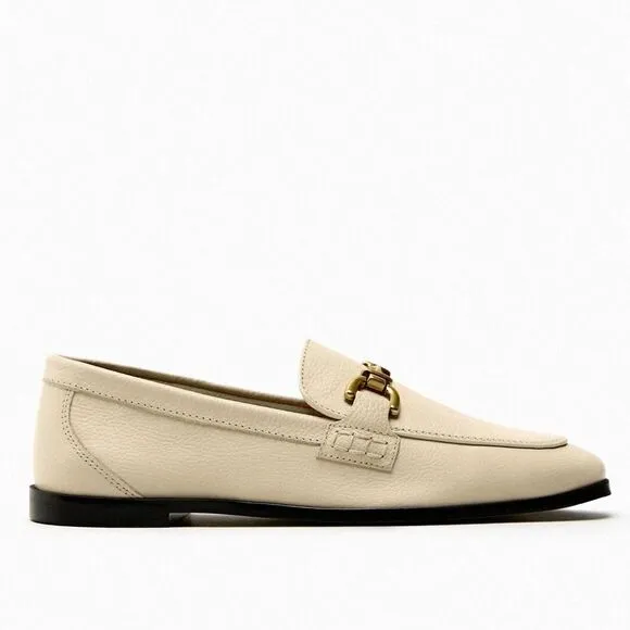 Zara Genuine Leather Loafers With Buckle New