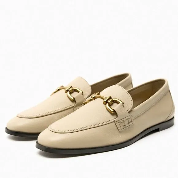 Zara Genuine Leather Loafers With Buckle New