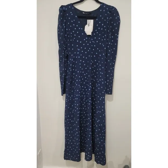 Zara navy blue polka dot dress