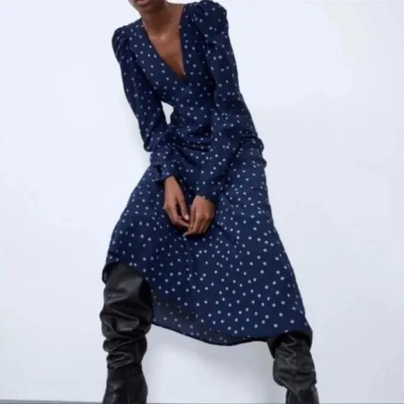 Zara navy blue polka dot dress