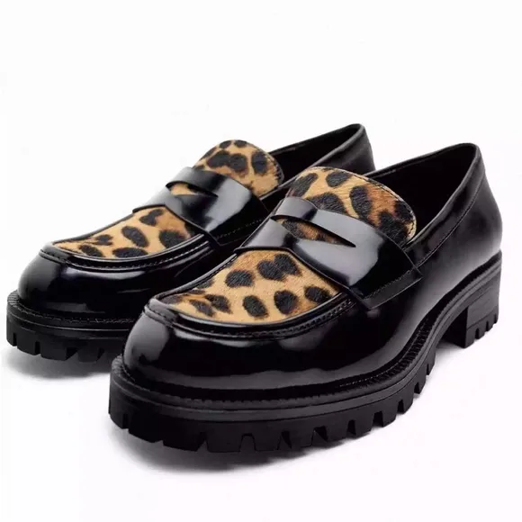 Zara SZ 37 Leopard faux leather smooth lug sole Loafers.
