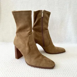 Zara Tan Faux Suede Squared Pointed Toe Wooden Stack Wide Heel Sock Ankle Boots