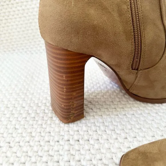Zara Tan Faux Suede Squared Pointed Toe Wooden Stack Wide Heel Sock Ankle Boots