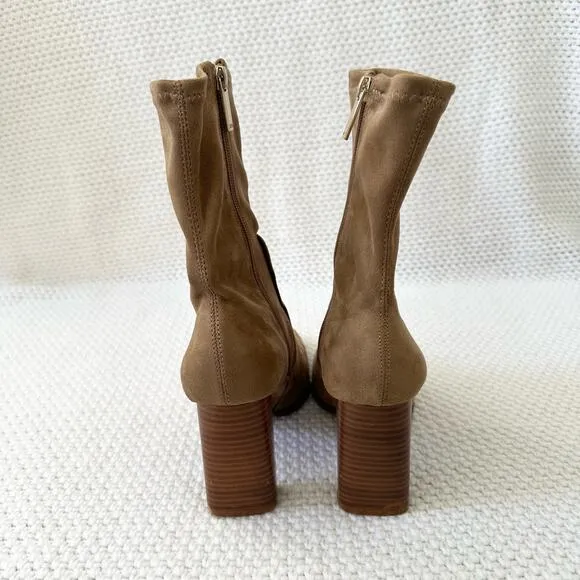 Zara Tan Faux Suede Squared Pointed Toe Wooden Stack Wide Heel Sock Ankle Boots