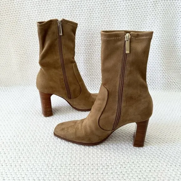 Zara Tan Faux Suede Squared Pointed Toe Wooden Stack Wide Heel Sock Ankle Boots