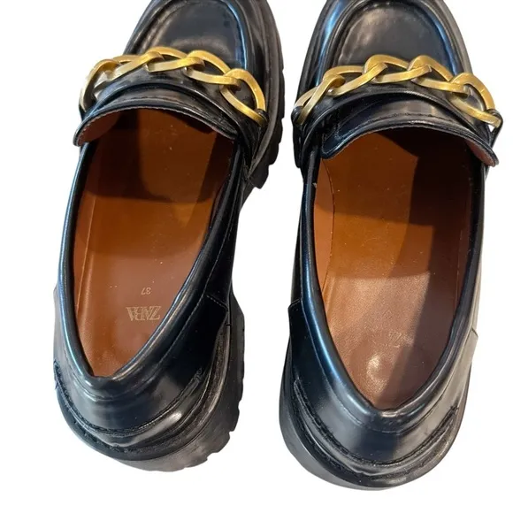 Zara Women's Gold Chain Platform Y2K Chunky Black Leather Lug Loafers EU 37/US 6