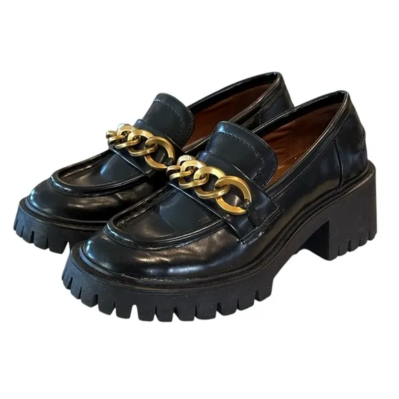 Zara Women's Gold Chain Platform Y2K Chunky Black Leather Lug Loafers EU 37/US 6