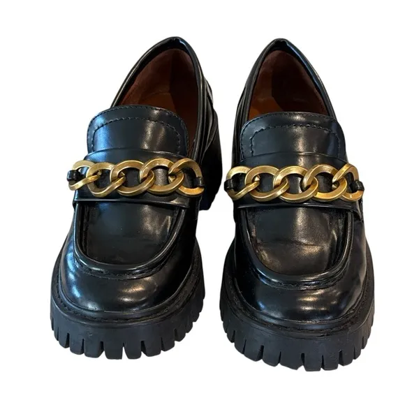 Zara Women's Gold Chain Platform Y2K Chunky Black Leather Lug Loafers EU 37/US 6