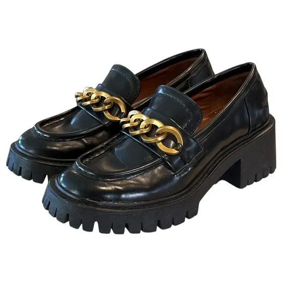 Zara Women's Gold Chain Platform Y2K Chunky Black Leather Lug Loafers EU 37/US 6