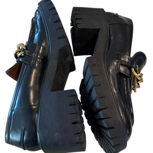 Zara Women's Gold Chain Platform Y2K Chunky Black Leather Lug Loafers EU 37/US 6